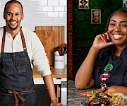The image shows two smiling chefs in aprons—one cooking in a kitchen, the other presenting a plated meal at a table.
