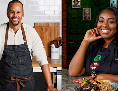 The image shows two smiling chefs in aprons—one cooking in a kitchen, the other presenting a plated meal at a table.