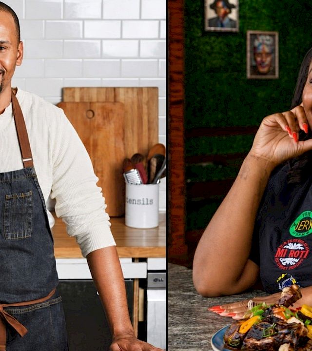 The image shows two smiling chefs in aprons—one cooking in a kitchen, the other presenting a plated meal at a table.