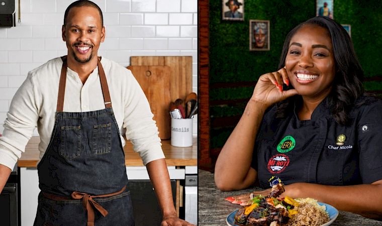 The image shows two smiling chefs in aprons—one cooking in a kitchen, the other presenting a plated meal at a table.
