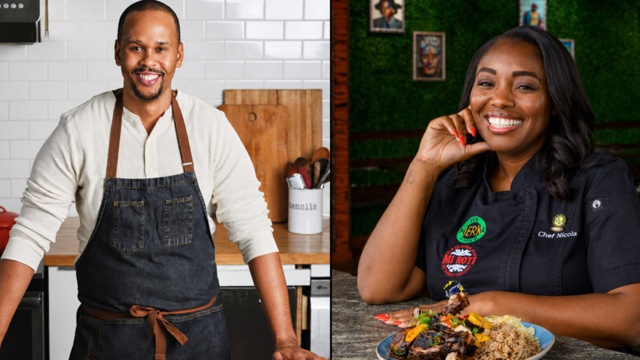 The image shows two smiling chefs in aprons&mdash;one cooking in a kitchen, the other presenting a plated meal at a table.