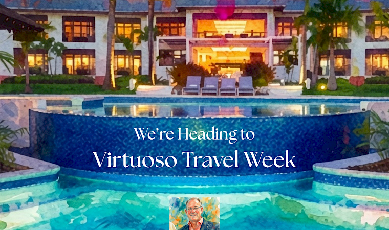 A tropical ad for The Cliff Hotel & Spa in Negril, Jamaica, inviting guests to Virtuoso Travel Week with George Fisette.