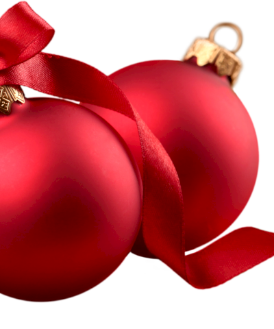 Two red Christmas baubles with gold hooks and a red bow ribbon, festive holiday decorations.