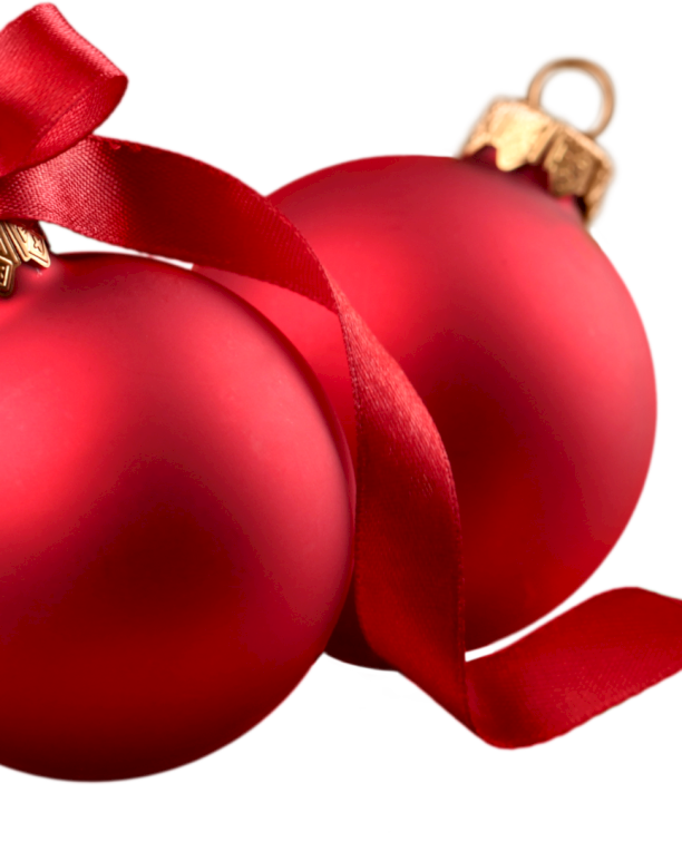 Two red Christmas baubles with gold hooks and a red bow ribbon, festive holiday decorations.