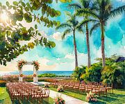 A watercolor tropical garden wedding scene with rows of chairs, flower arches, and tall palm trees under a blue sky.