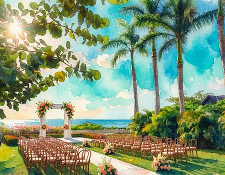 A watercolor tropical garden wedding scene with rows of chairs, flower arches, and tall palm trees under a blue sky.