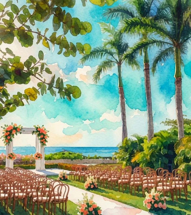 A watercolor tropical garden wedding scene with rows of chairs, flower arches, and tall palm trees under a blue sky.
