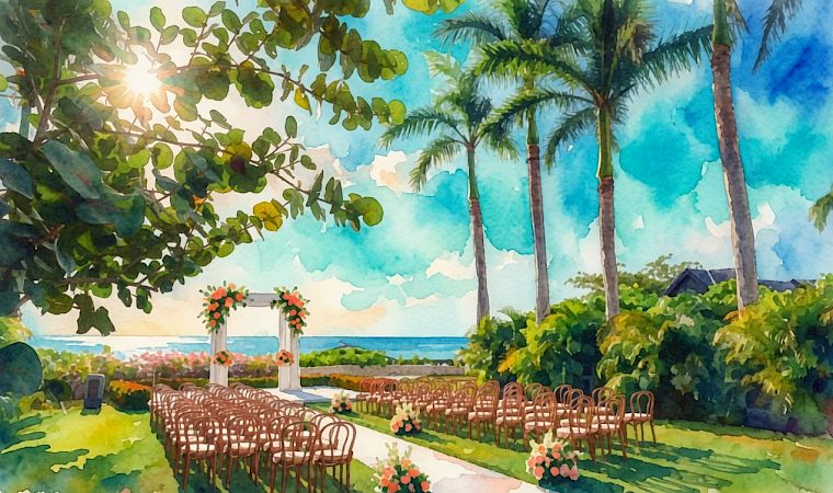 A watercolor tropical garden wedding scene with rows of chairs, flower arches, and tall palm trees under a blue sky.