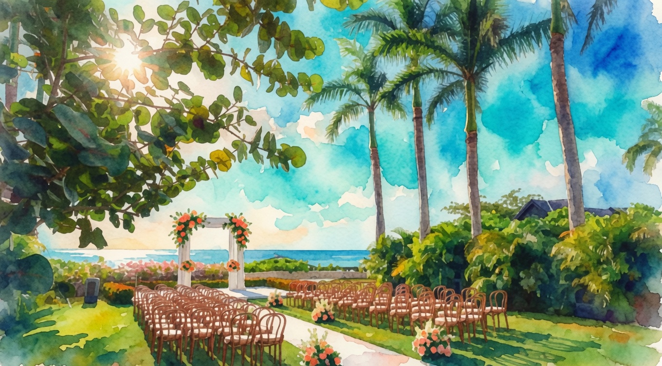 A watercolor tropical garden wedding scene with rows of chairs, flower arches, and tall palm trees under a blue sky.