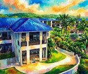 A colorful watercolor shows a tropical resort house with a blue roof, lounge area, winding path, pool, and palm trees.