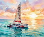 A red-sailed yacht sails on the sea at sunset, splashed in watercolor clouds and waves.