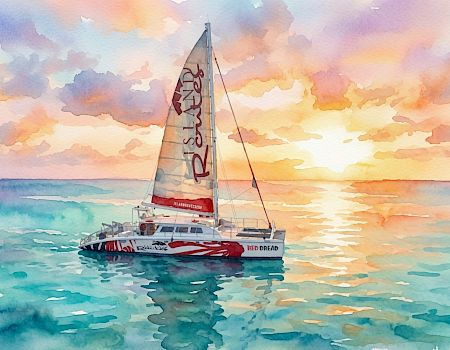 A red-sailed yacht sails on the sea at sunset, splashed in watercolor clouds and waves.
