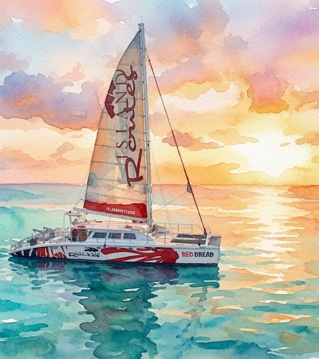A red-sailed yacht sails on the sea at sunset, splashed in watercolor clouds and waves.