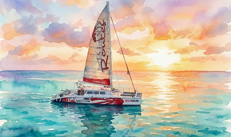 A red-sailed yacht sails on the sea at sunset, splashed in watercolor clouds and waves.