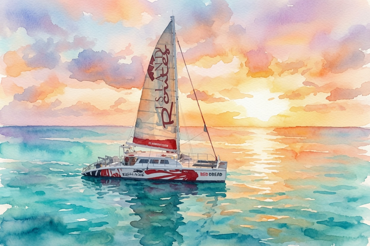 A red-sailed yacht sails on the sea at sunset, splashed in watercolor clouds and waves.