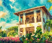 A sunny watercolor scene of a tropical house with balconies, palm trees, and colorful flowers.