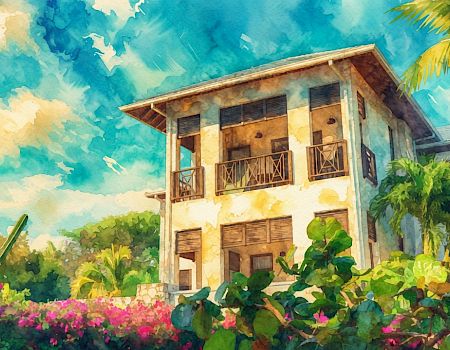 A sunny watercolor scene of a tropical house with balconies, palm trees, and colorful flowers.
