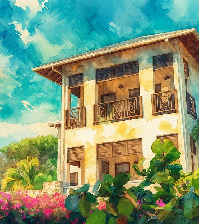 A sunny watercolor scene of a tropical house with balconies, palm trees, and colorful flowers.