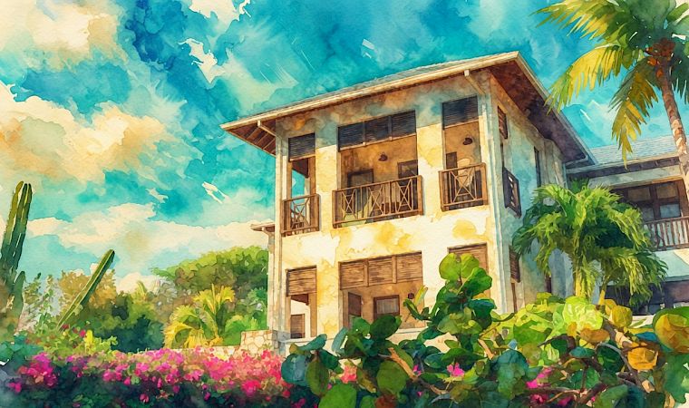 A sunny watercolor scene of a tropical house with balconies, palm trees, and colorful flowers.