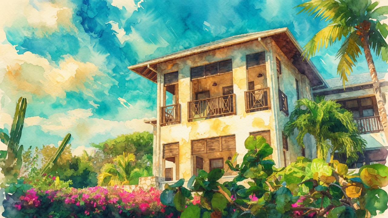 A sunny watercolor scene of a tropical house with balconies, palm trees, and colorful flowers.