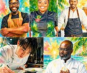 Watercolor collage of four people: a bearded chef, a smiling cook, a man in an apron, and someone dining by the ocean.
