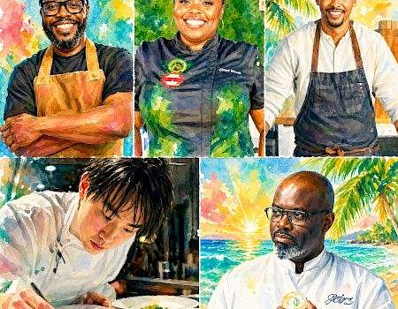 Watercolor collage of four people: a bearded chef, a smiling cook, a man in an apron, and someone dining by the ocean.