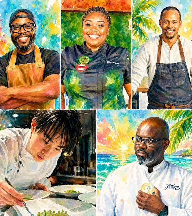 Watercolor collage of four people: a bearded chef, a smiling cook, a man in an apron, and someone dining by the ocean.