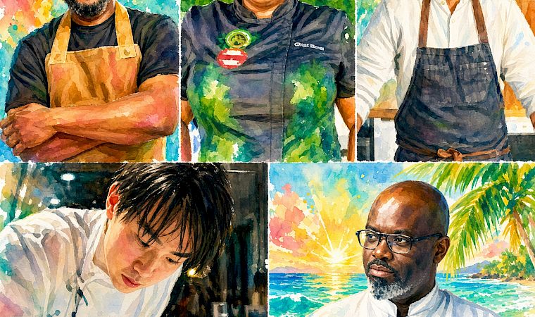 Watercolor collage of four people: a bearded chef, a smiling cook, a man in an apron, and someone dining by the ocean.