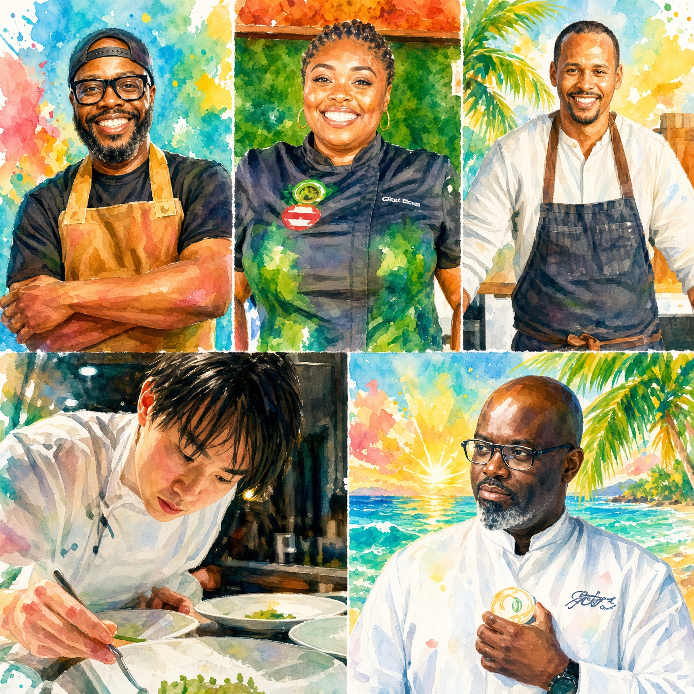Watercolor collage of four people: a bearded chef, a smiling cook, a man in an apron, and someone dining by the ocean.