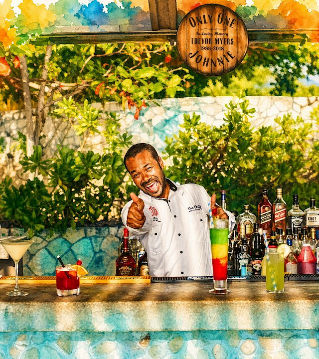 A smiling bartender/chef poses poolside behind shelves of colorful liquor bottles and cocktails, with a memorial plaque reading “Only One.”
