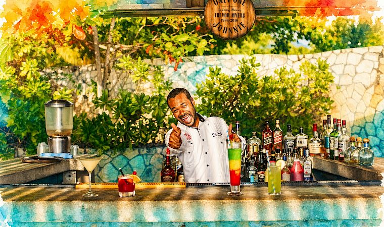 A smiling bartender/chef poses poolside behind shelves of colorful liquor bottles and cocktails, with a memorial plaque reading “Only One.”
