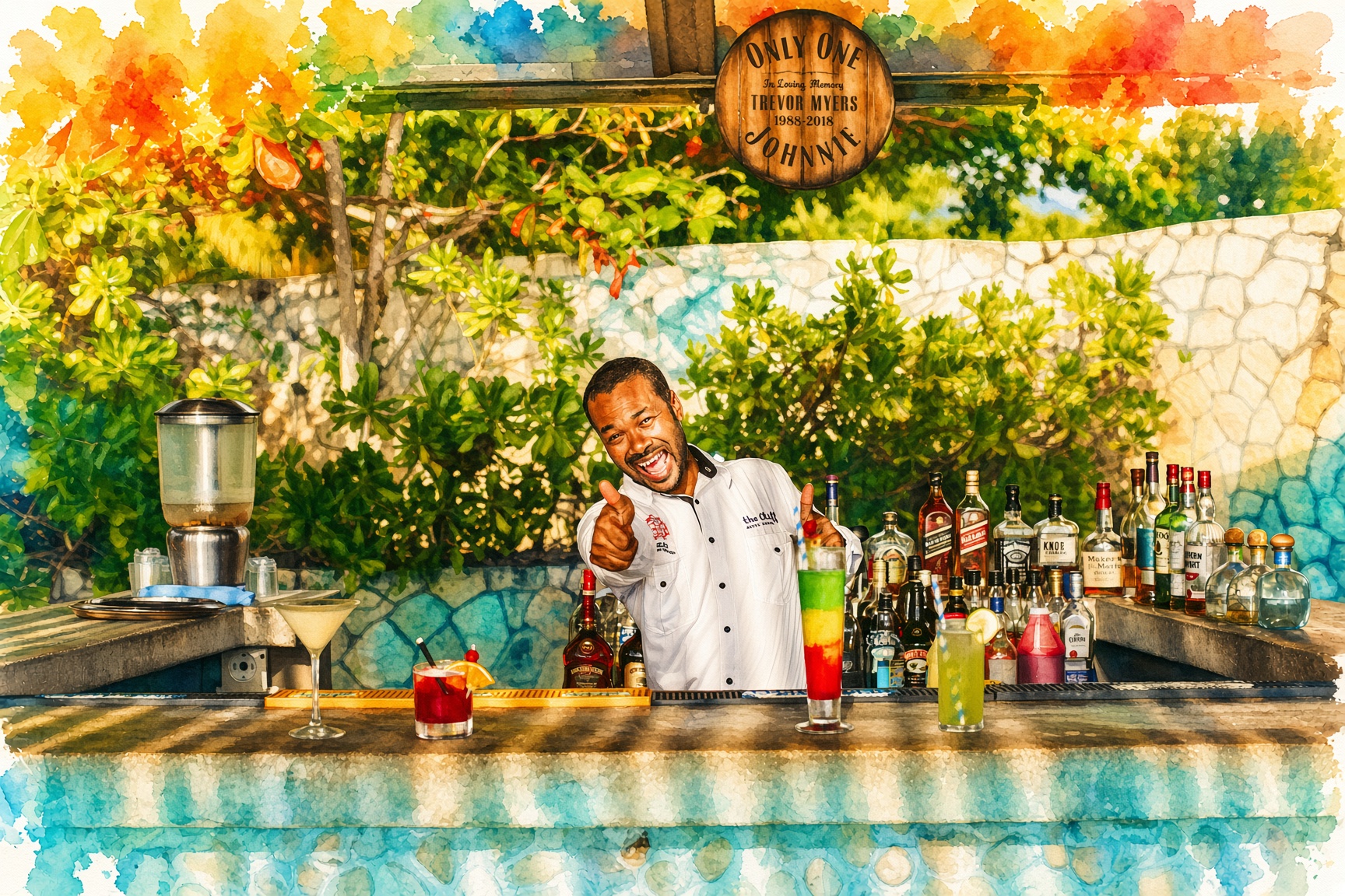 A smiling bartender/chef poses poolside behind shelves of colorful liquor bottles and cocktails, with a memorial plaque reading “Only One.”