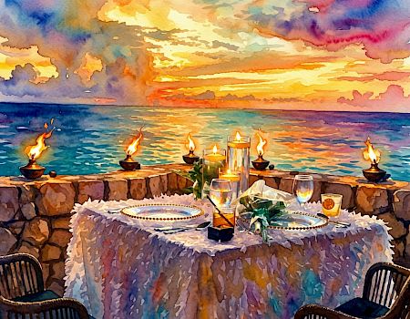 Candlelit seaside dinner on a rocky shore at sunset, with plates, drinks, and burning tapers by the water.