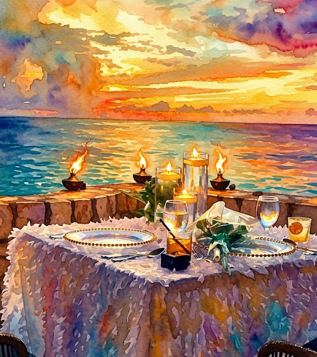 Candlelit seaside dinner on a rocky shore at sunset, with plates, drinks, and burning tapers by the water.