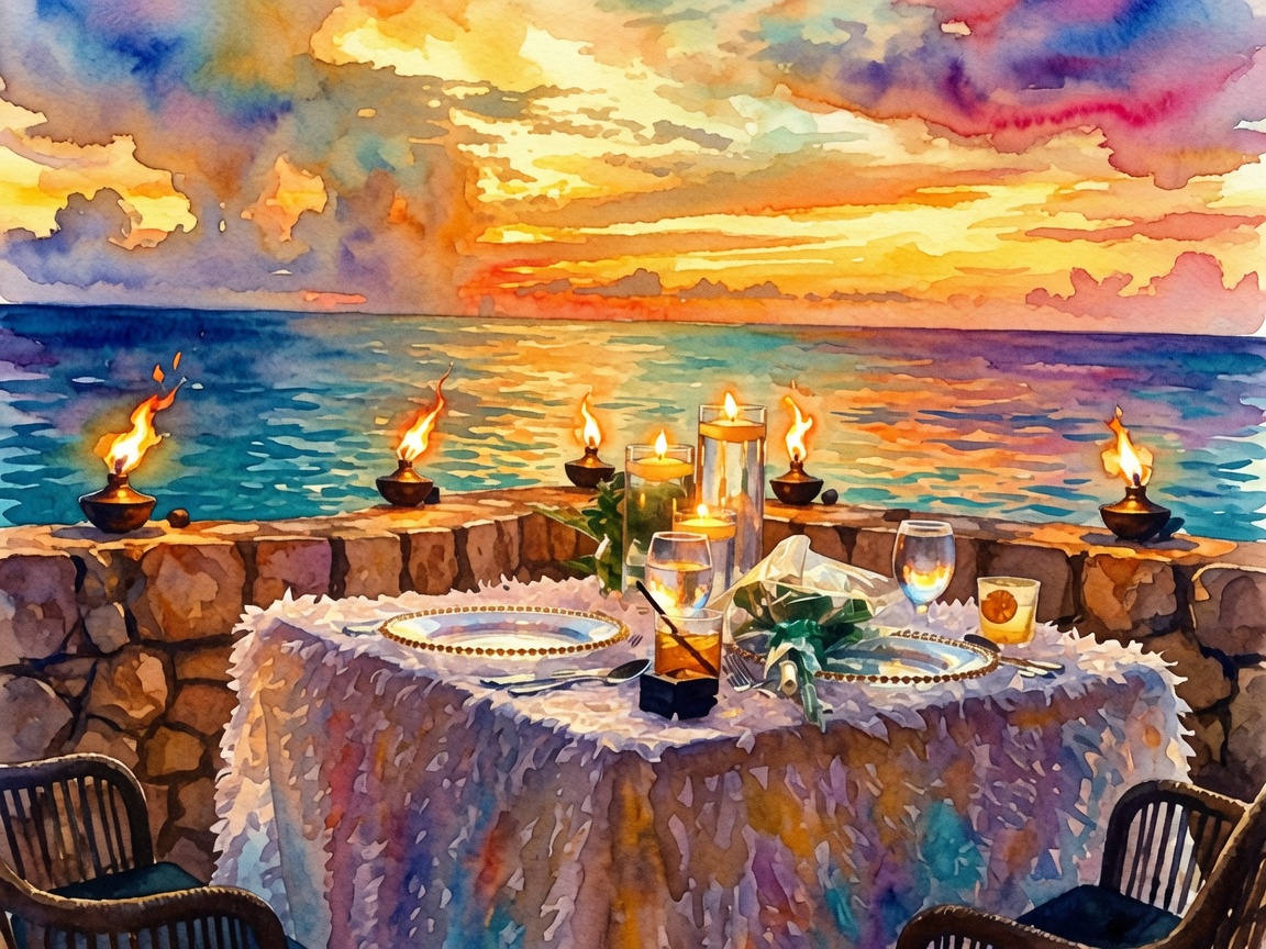 Candlelit seaside dinner on a rocky shore at sunset, with plates, drinks, and burning tapers by the water.