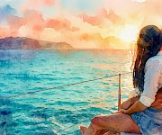 An illustrated couple on a seaside pier, embracing and watching the blue ocean at sunset.