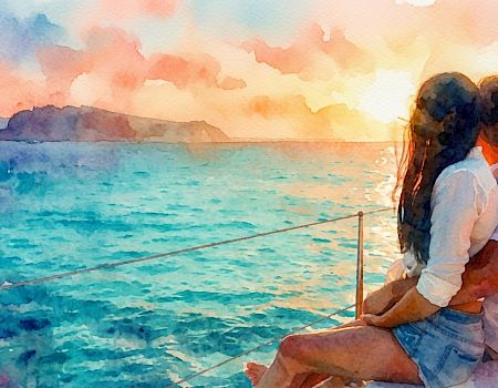 An illustrated couple on a seaside pier, embracing and watching the blue ocean at sunset.