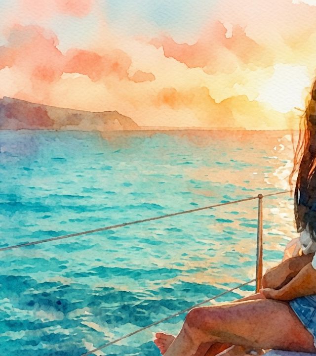 An illustrated couple on a seaside pier, embracing and watching the blue ocean at sunset.