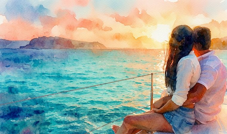 An illustrated couple on a seaside pier, embracing and watching the blue ocean at sunset.