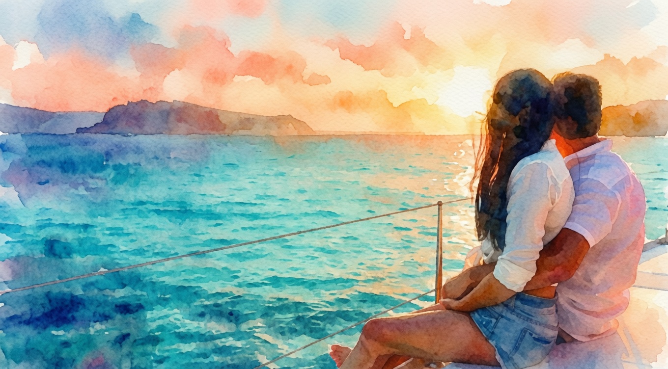 An illustrated couple on a seaside pier, embracing and watching the blue ocean at sunset.