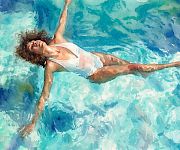 A swimmer in a white swimsuit glides underwater through bright blue waves, arms extended and smiling.
