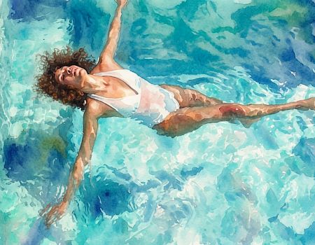A swimmer in a white swimsuit glides underwater through bright blue waves, arms extended and smiling.