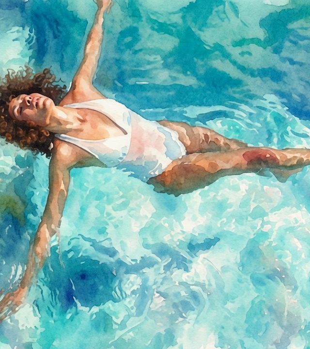 A swimmer in a white swimsuit glides underwater through bright blue waves, arms extended and smiling.