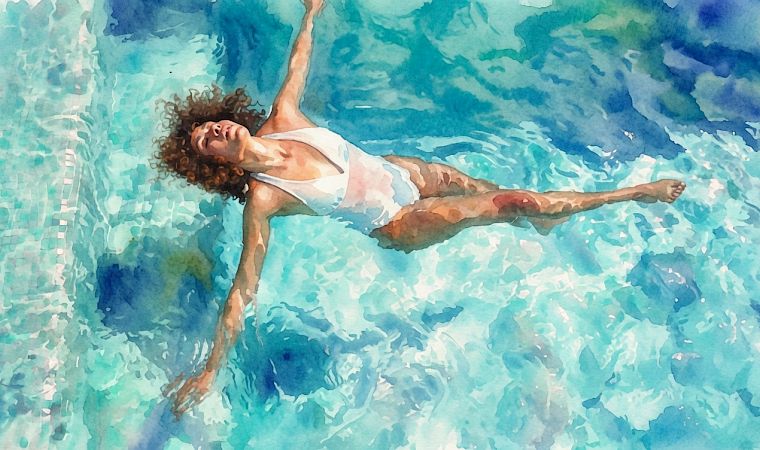 A swimmer in a white swimsuit glides underwater through bright blue waves, arms extended and smiling.