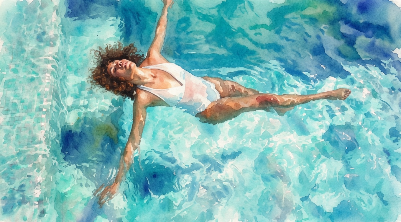 A swimmer in a white swimsuit glides underwater through bright blue waves, arms extended and smiling.