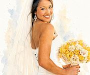 Smiling bride in a veil holds a bouquet of yellow and white roses against a light wall.