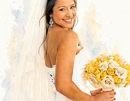 Smiling bride in a veil holds a bouquet of yellow and white roses against a light wall.