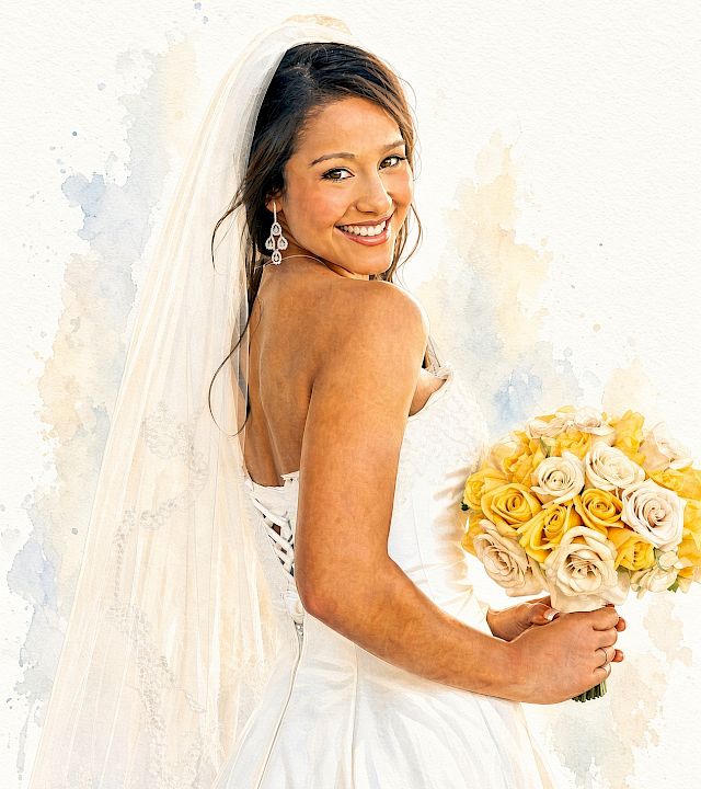 Smiling bride in a veil holds a bouquet of yellow and white roses against a light wall.