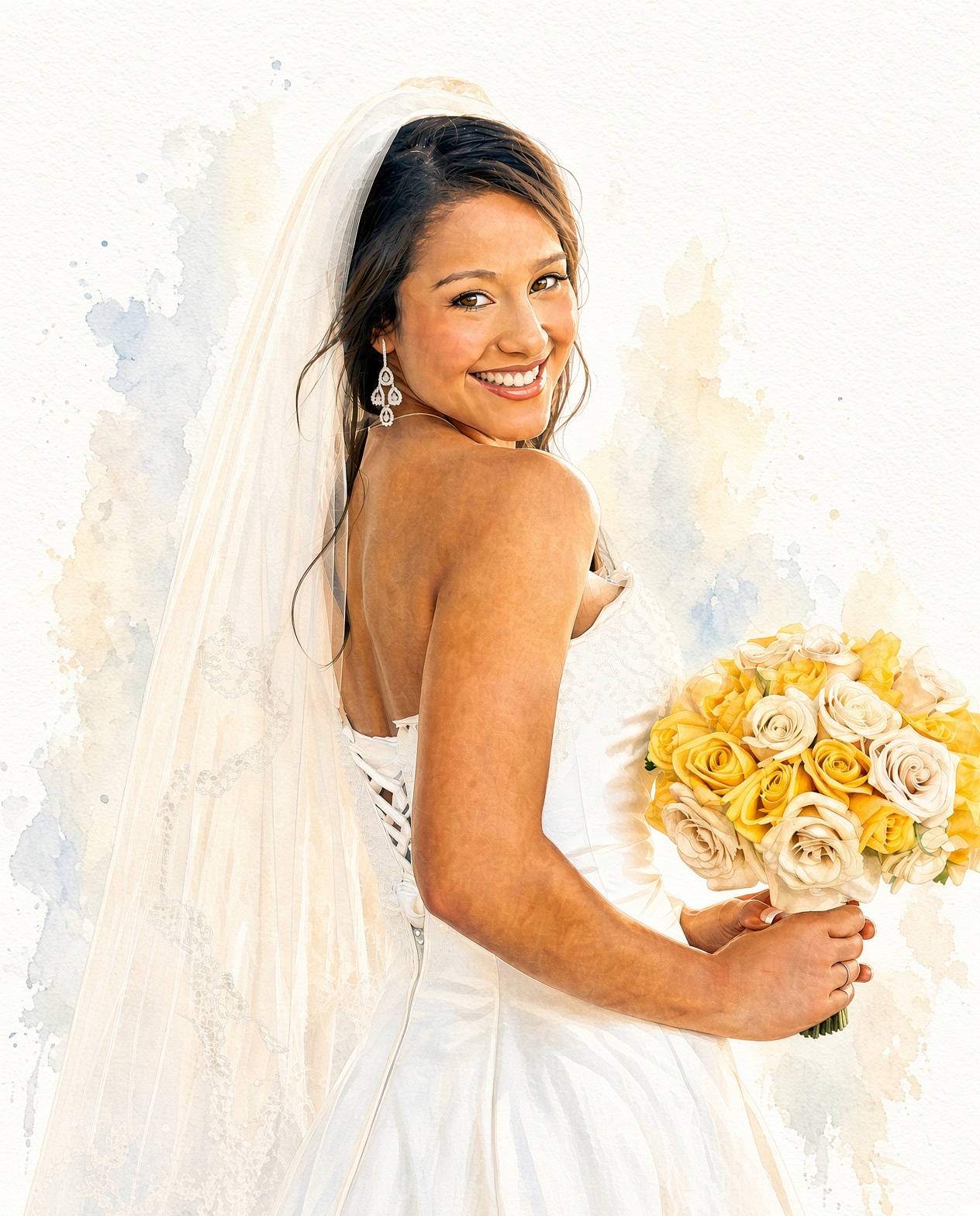 Smiling bride in a veil holds a bouquet of yellow and white roses against a light wall.