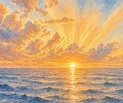 A dramatic sunrise pours golden light over snowy mountain peaks and clouds, filling the sky with orange and blue glow.
